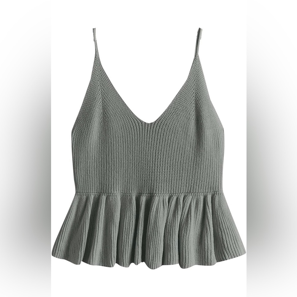 SHEIN Casual Knit Top Sleeveless Ruffle Hem V Neck Peplum Crop Tank Top size M